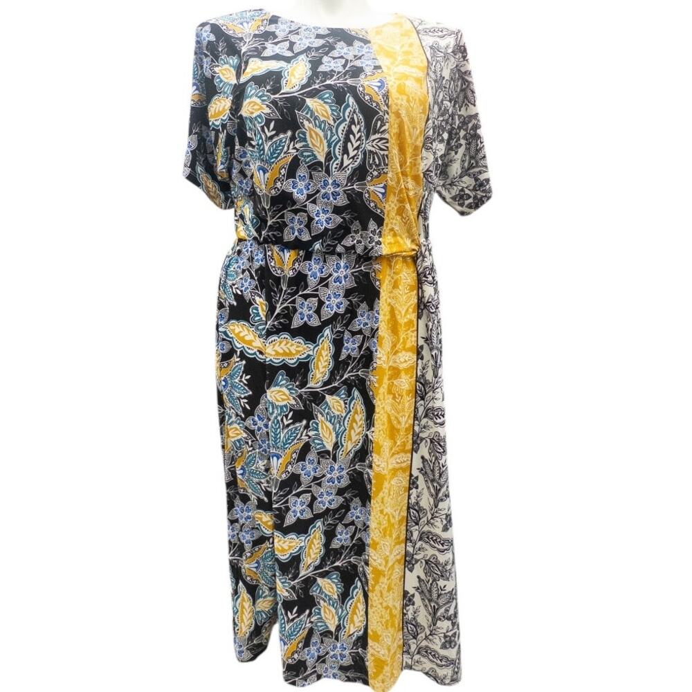 London Times Floral Blouson Midi Dress Plus 1X or 3X Mustard Teal Blue Black - Picture 4 of 7